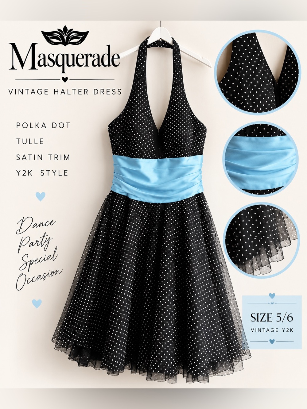 Vintage Masquerade Halter Dress Black Blue Polka Dot Tulle Trim Size 5/6 Y2K